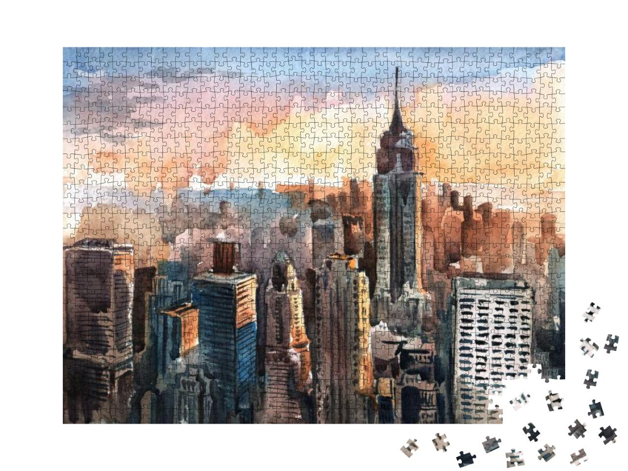 Watercolor of Manhattan Skyscrapers At Sunset - New York... Jigsaw Puzzle with 1000 pieces