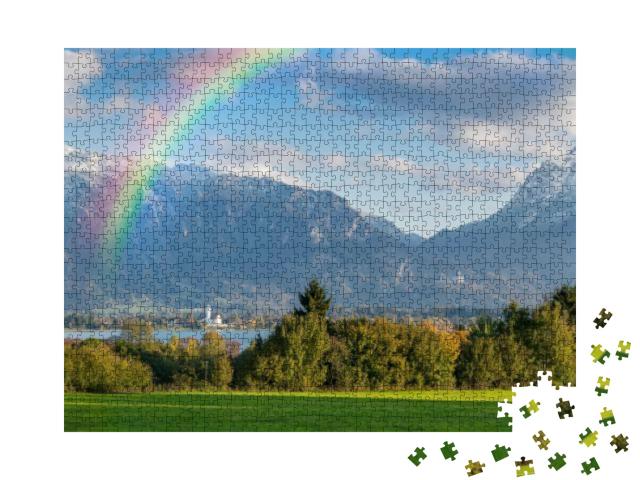 Autumn Landscape Panorama with Rainbow Over Lake & Alps M... Jigsaw Puzzle with 1000 pieces