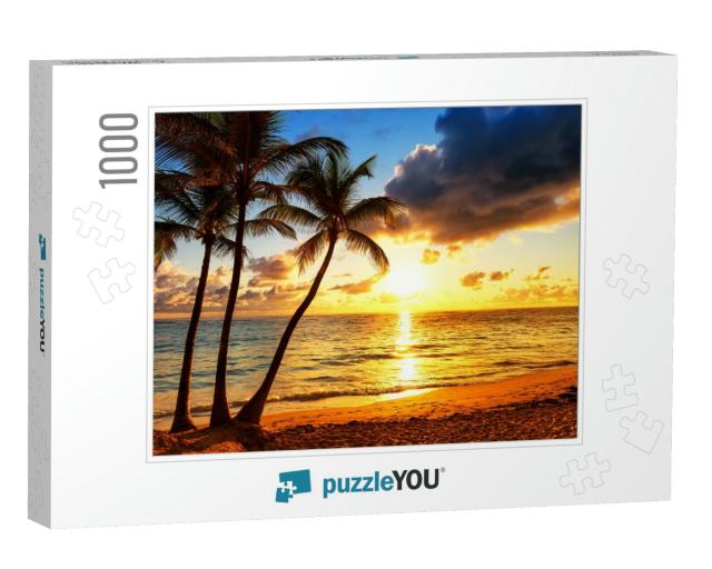 Coconut Palm Trees Against Colorful Sunset... Jigsaw Puzzle with 1000 pieces