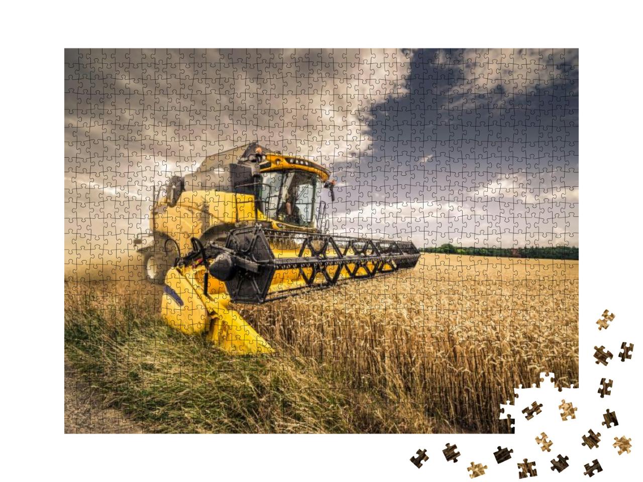 Modern Yellow Combine Harvesting Wheat in the Summer in C... Jigsaw Puzzle with 1000 pieces