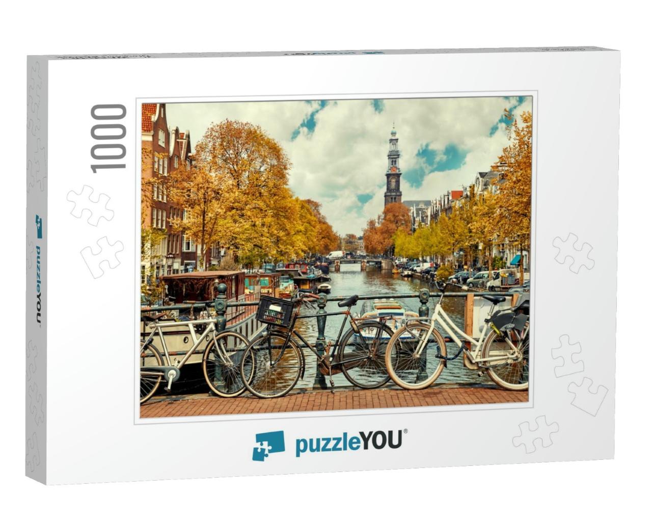 Bike Over Canal Amsterdam City. Picturesque Town Landscap... Jigsaw Puzzle with 1000 pieces