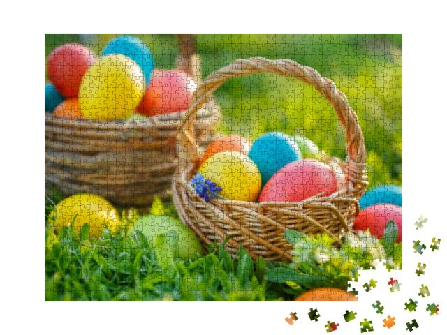 Happy Easter. Colorful Easter Eggs in Baskets, on the Spr... Jigsaw Puzzle with 1000 pieces