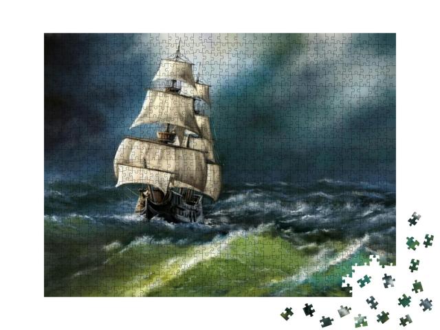 Old Ship in the Sea. Digital Oil Paintings Landscape. Fin... Jigsaw Puzzle with 1000 pieces