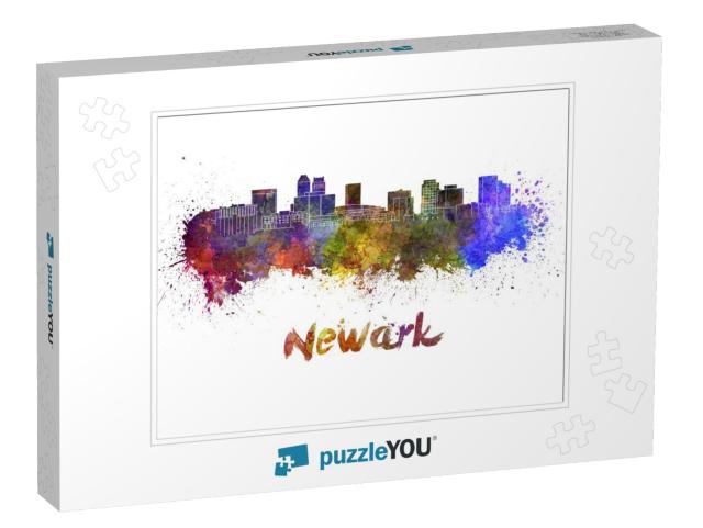 Newark Skyline in Watercolor Splatters with Clipping Path... Jigsaw Puzzle