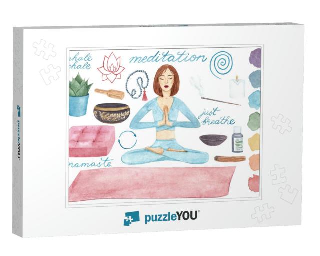 Meditation Space Set. Watercolor Hand Drawn Yoga E... Jigsaw Puzzle