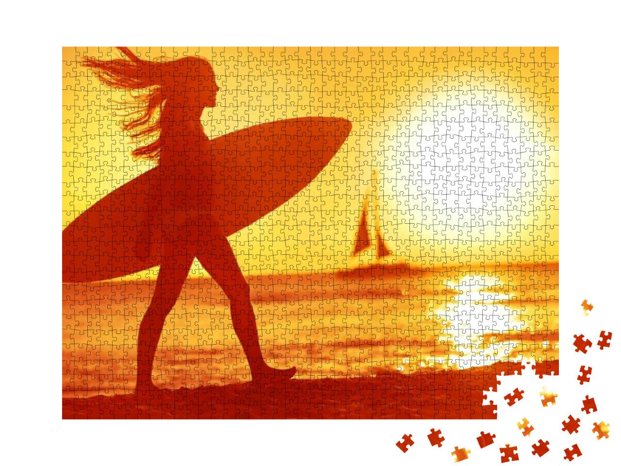 Surfing Surfer Woman Babe Beach Fun At Sunset. Girl Walki... Jigsaw Puzzle with 1000 pieces