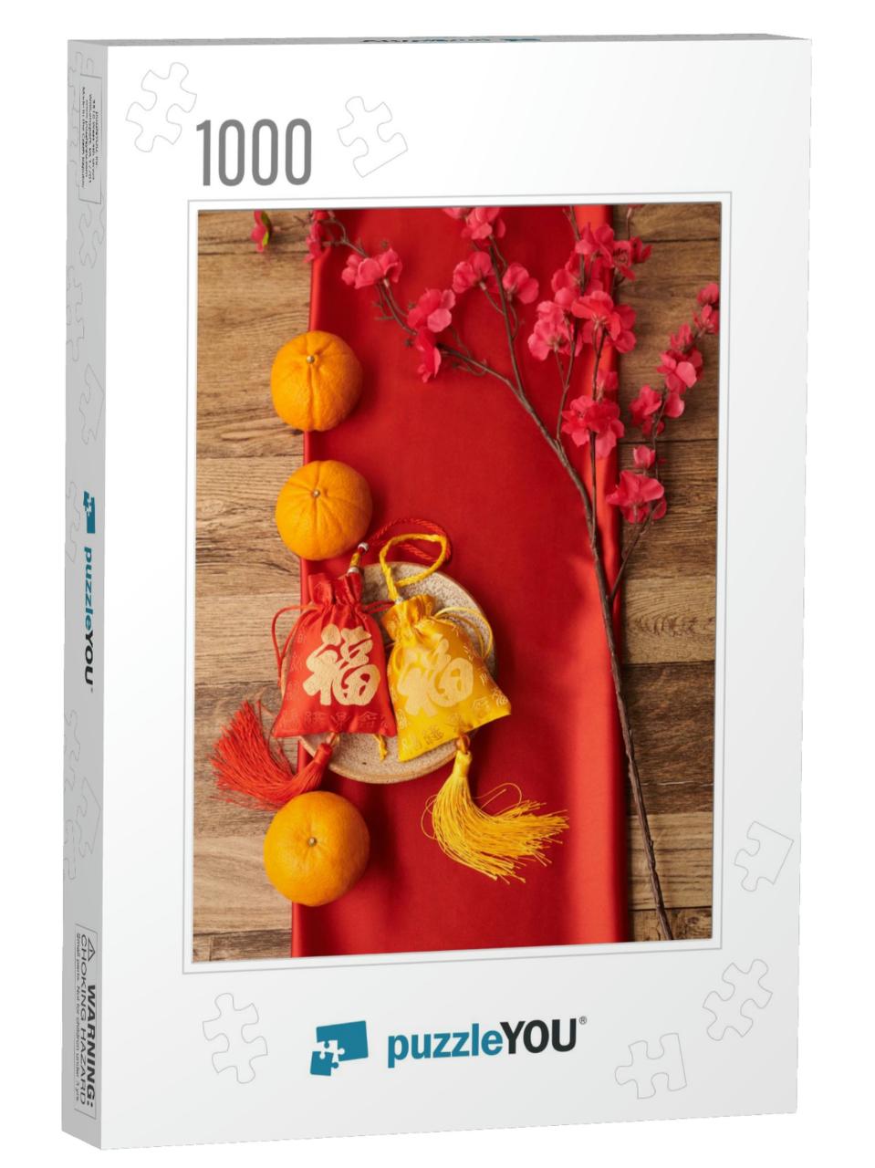 Tangerines, Blooming Peach Branch & Red & Yell... Jigsaw Puzzle with 1000 pieces