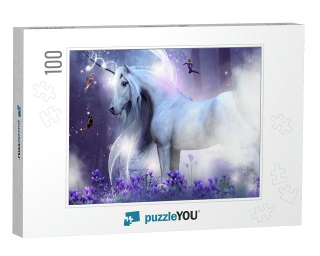 A Majestic Unicorn with Three Little Fairies Sending Magi... Jigsaw Puzzle with 100 pieces