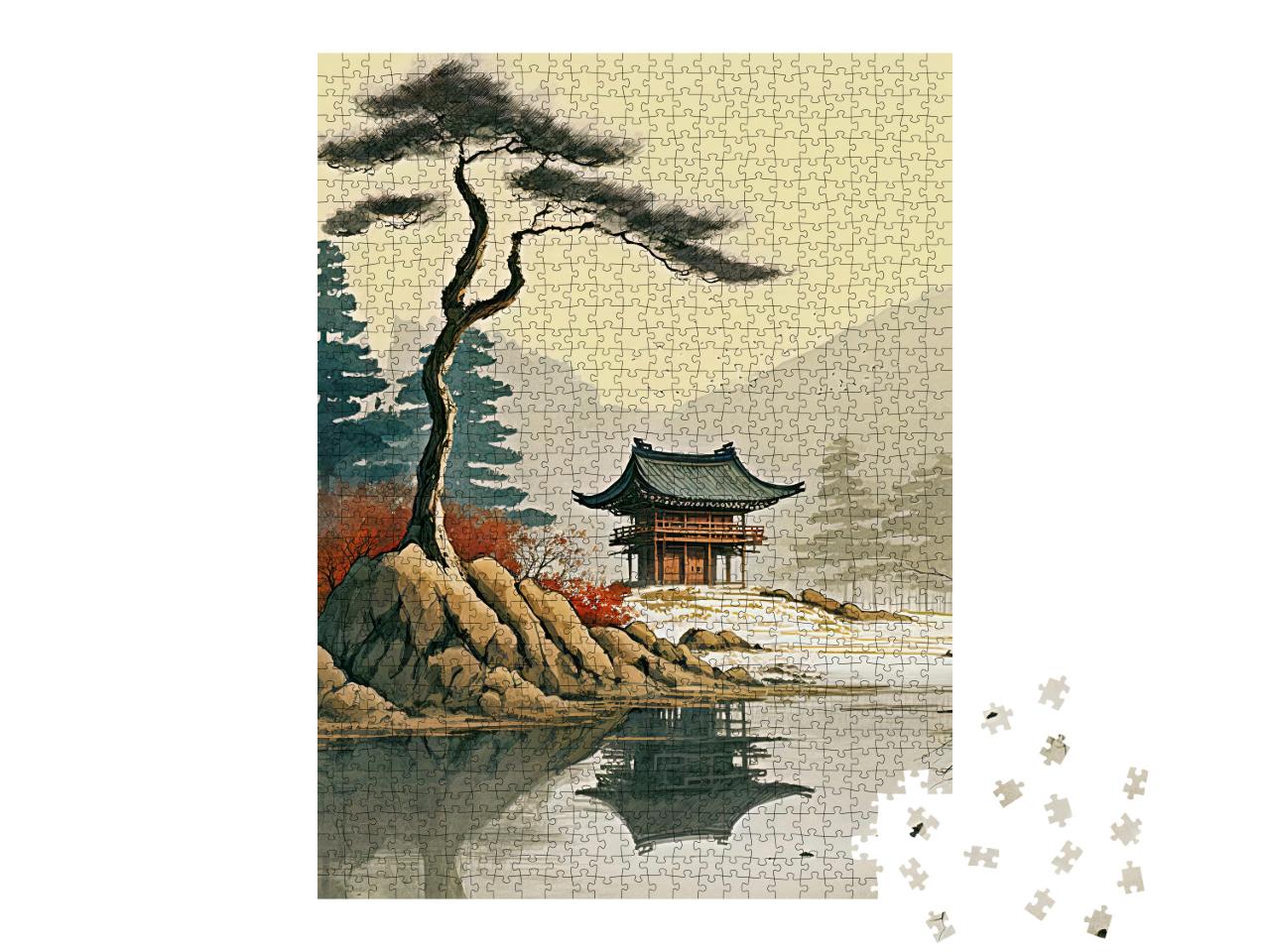 Peaceful Serenity and a Picturesque Pagoda Setting with Soft Soothing Tones Jigsaw Puzzle with 1000 pieces
