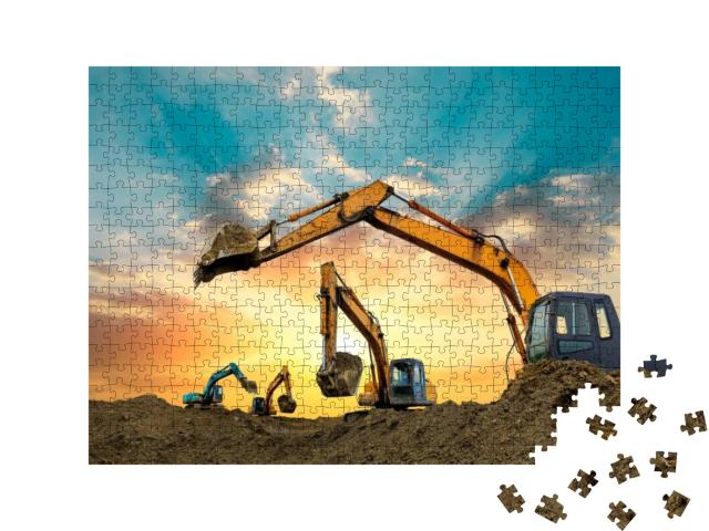 Four Excavators Work on Construction Site At Sunset... Jigsaw Puzzle with 500 pieces