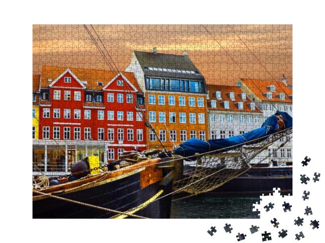 Copenhagen, Denmark. Yacht & Color Houses in Seafront Nyh... Jigsaw Puzzle with 1000 pieces