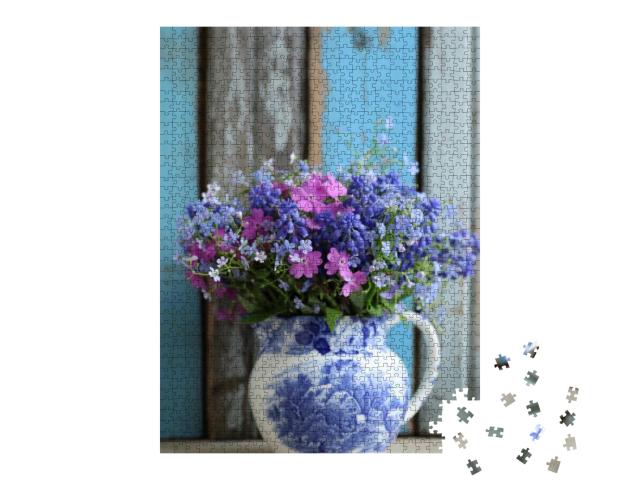 Blue & Pink Bouquet, Bunch Flowers in Vintage China Cream... Jigsaw Puzzle with 1000 pieces
