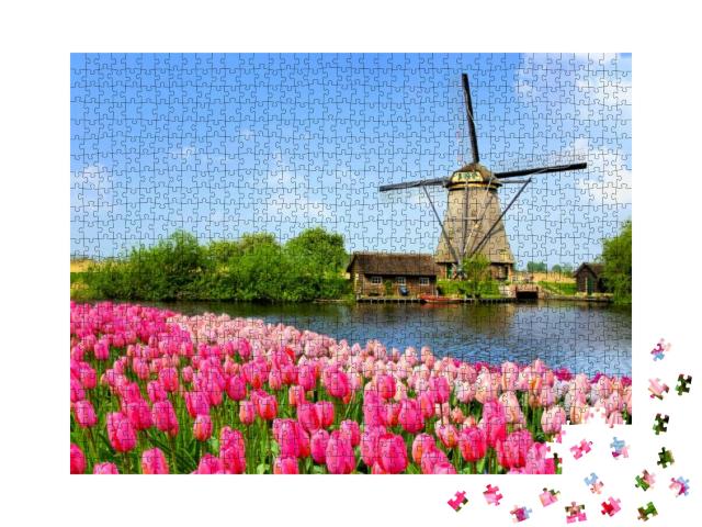 Traditional Dutch Windmill Along a Canal with Pink Tulip... Jigsaw Puzzle with 1000 pieces