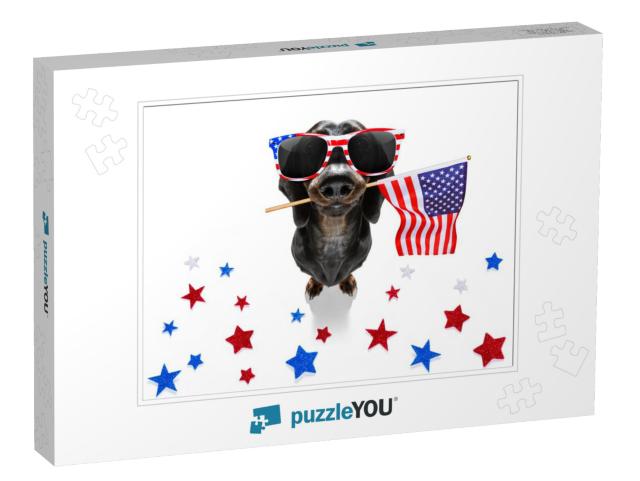 Sausage Dachshund Dog Waving a Flag of USA &... Jigsaw Puzzle