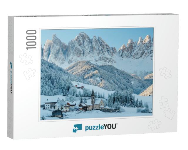 The Small Village Val Di Funes Covered in Snow, with Dolo... Jigsaw Puzzle with 1000 pieces