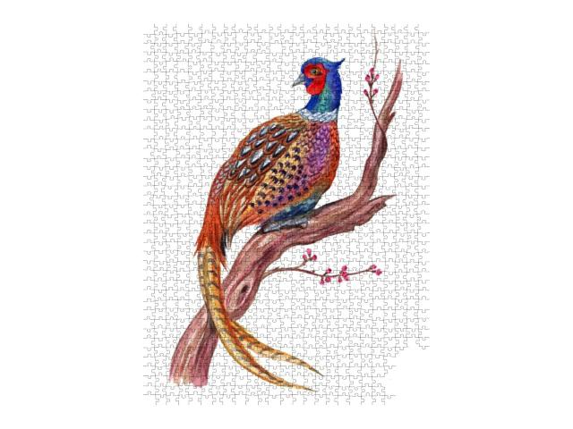 Pheasant on an Old Flowering Tree, Watercolor Illustratio... Jigsaw Puzzle with 1000 pieces