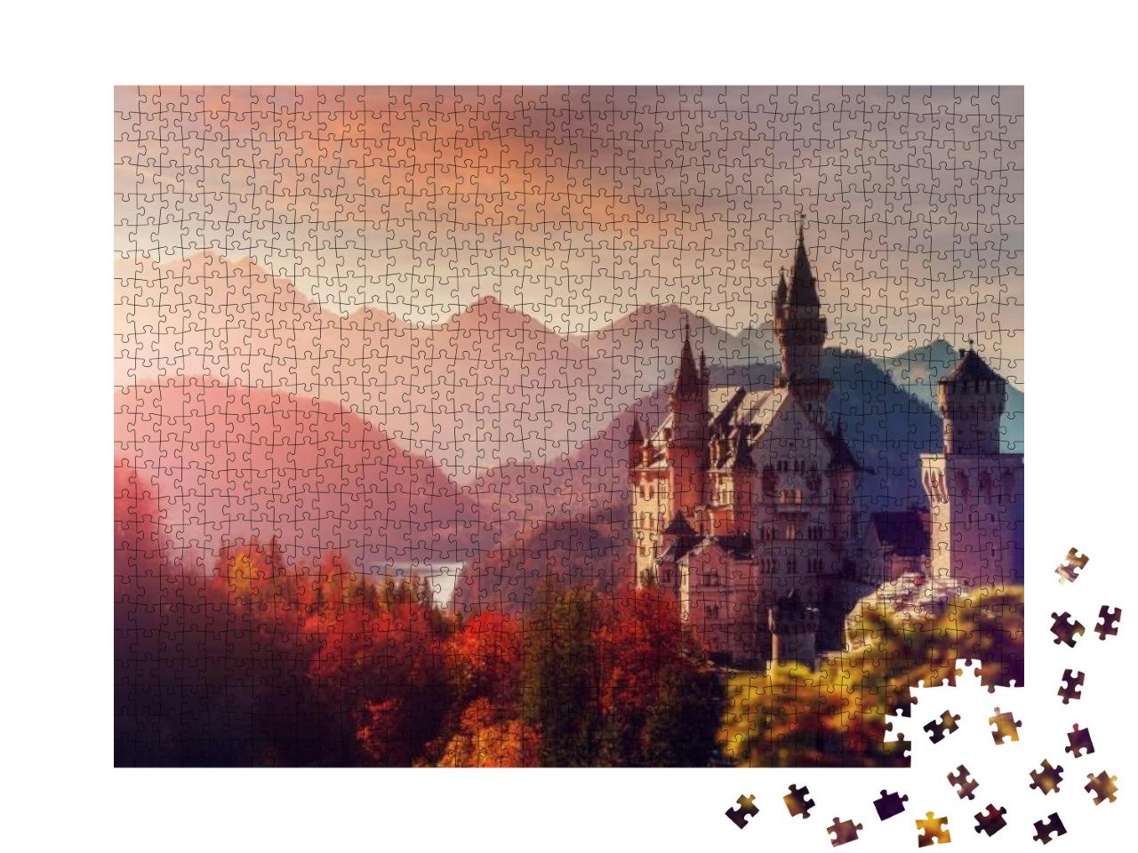 Typical Postcard. Majestic Neuschwanstein Castle During S... Jigsaw Puzzle with 1000 pieces