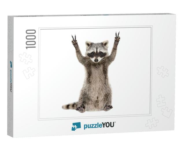 Funny Raccoon, Showing a Sign Peace, Isolated on W... Jigsaw Puzzle with 1000 pieces