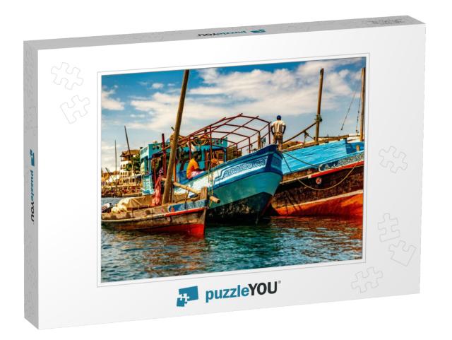 Colorful, Old, Wooden Fishing Dhows Moored Alongside the... Jigsaw Puzzle