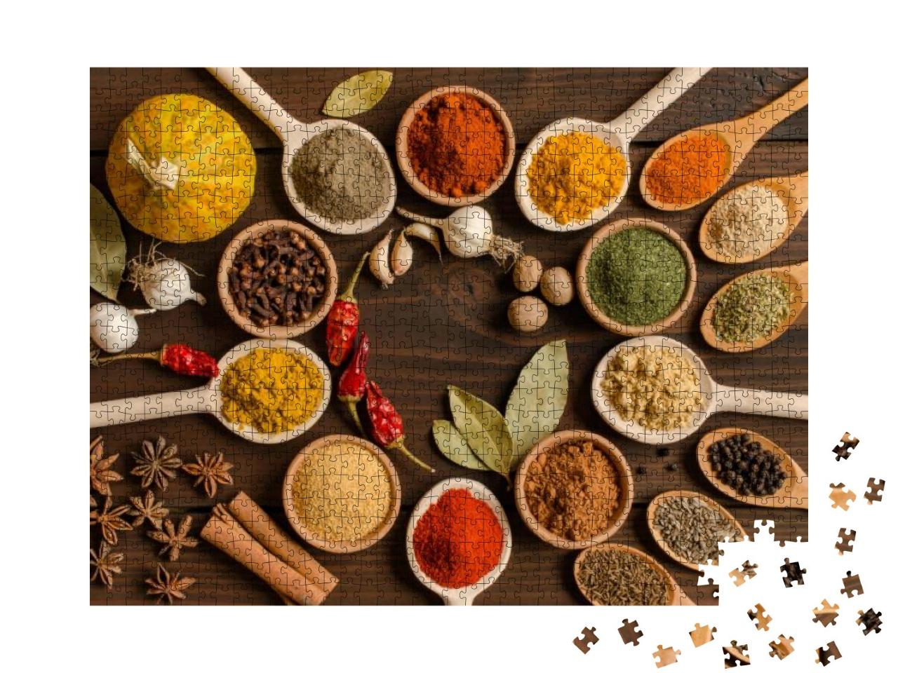 Set of Indian Spices on Wooden Table - Top View... Jigsaw Puzzle with 1000 pieces