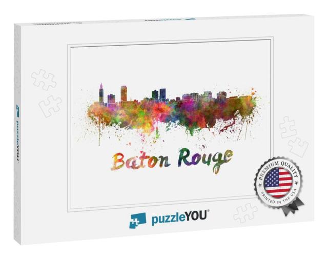 Baton Rouge Skyline in Watercolor Splatters with Clipping... Jigsaw Puzzle