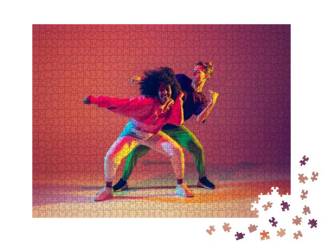 Stylish Man & Woman Dancing Hip-Hop in Bright Clothes on... Jigsaw Puzzle with 1000 pieces