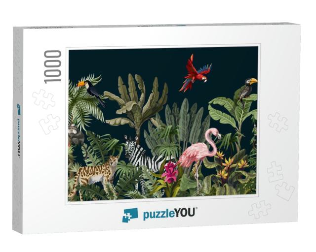 Seamless Pattern with Jungle Animals, Flowers & Trees. Ve... Jigsaw Puzzle with 1000 pieces