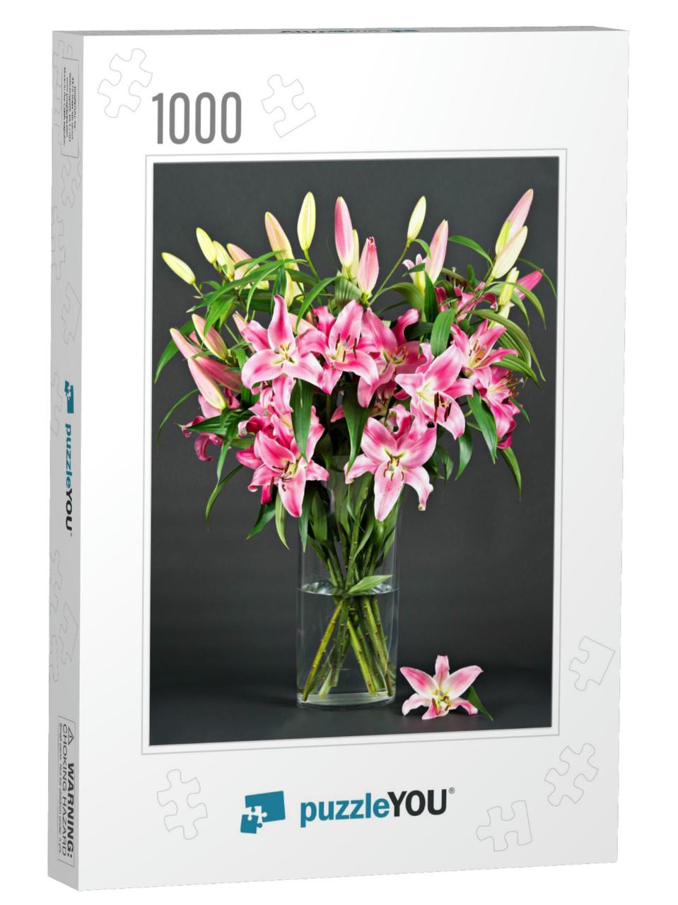 Pink Lily Flowers on Black Background... Jigsaw Puzzle with 1000 pieces
