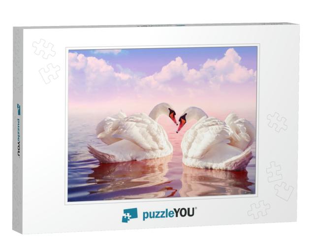 Couple of Beautiful White Swans in the Foggy Rose Lake At... Jigsaw Puzzle