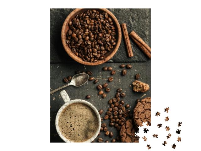 Black Fried Coffee Beans in Cafe with Cookie & Cake on Da... Jigsaw Puzzle with 1000 pieces