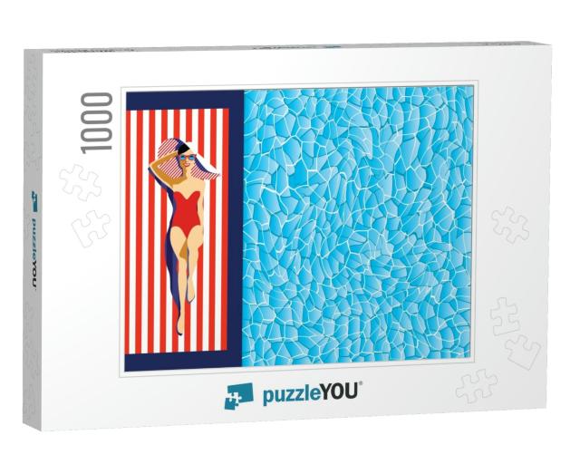 Beautiful Young Woman Tanning in the Pool, with Sunglasse... Jigsaw Puzzle with 1000 pieces