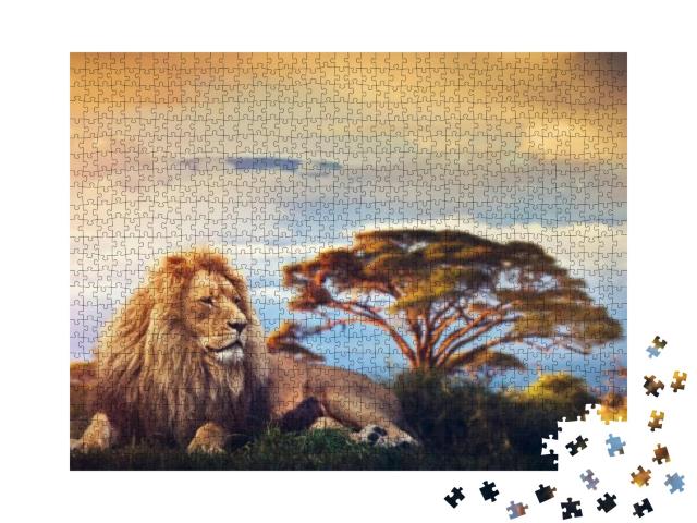 Lion Lying in Grass on Savanna. Sunset Over Mount Kiliman... Jigsaw Puzzle with 1000 pieces