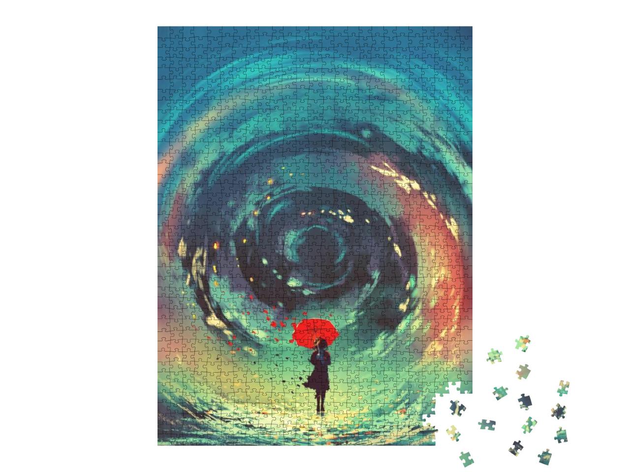 Girl with Red Umbrella Makes a Swirling Water in the Sky... Jigsaw Puzzle with 1000 pieces