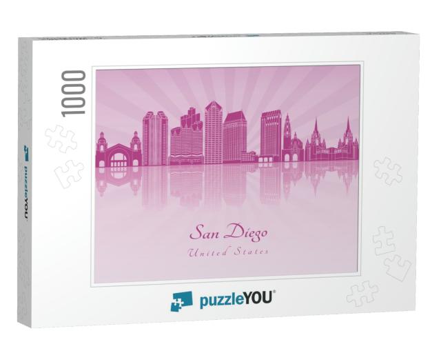 San Diego Skyline in Purple Radiant Orchid in Editable Ve... Jigsaw Puzzle with 1000 pieces