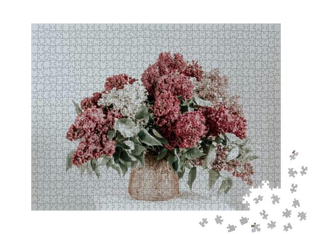 Large Bouquet of Lilac in a Pink Glass Vase on a Light Ba... Jigsaw Puzzle with 1000 pieces