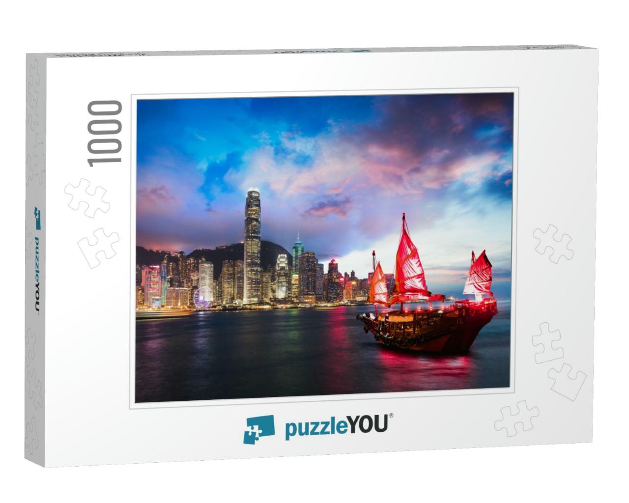 Victoria Harbor Hong Kong Night View with Junk Ship on Fo... Jigsaw Puzzle with 1000 pieces