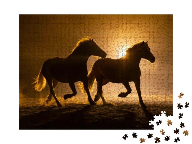 Silhouette of Two Galloping Haflinger Horses in a Orange... Jigsaw Puzzle with 1000 pieces