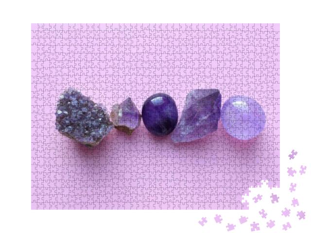 Gemstone Minerals on a Pink Background. Round Tumbling Mi... Jigsaw Puzzle with 1000 pieces