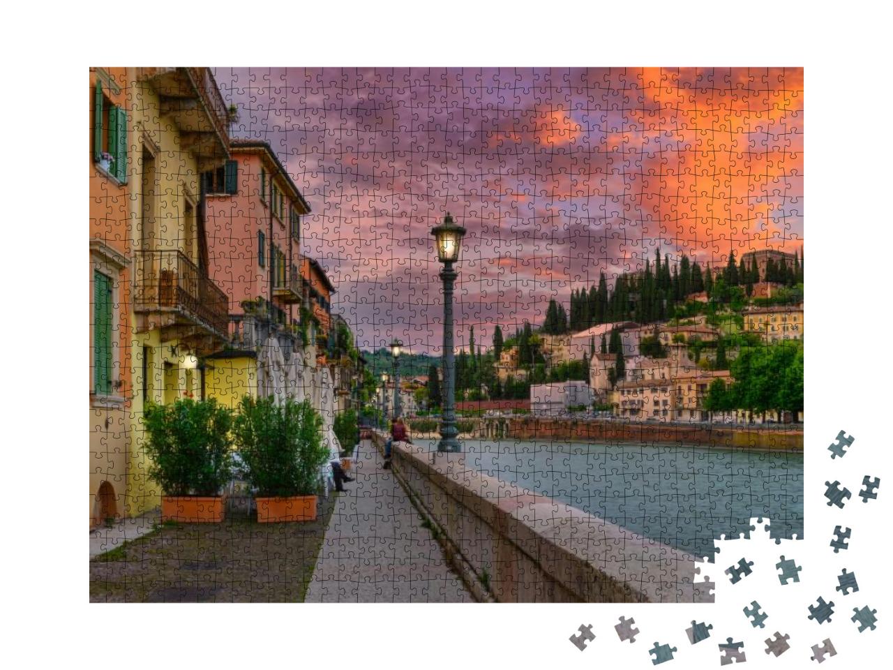 Embankment of Adige River in Verona, Italy. Sunset Citysc... Jigsaw Puzzle with 1000 pieces