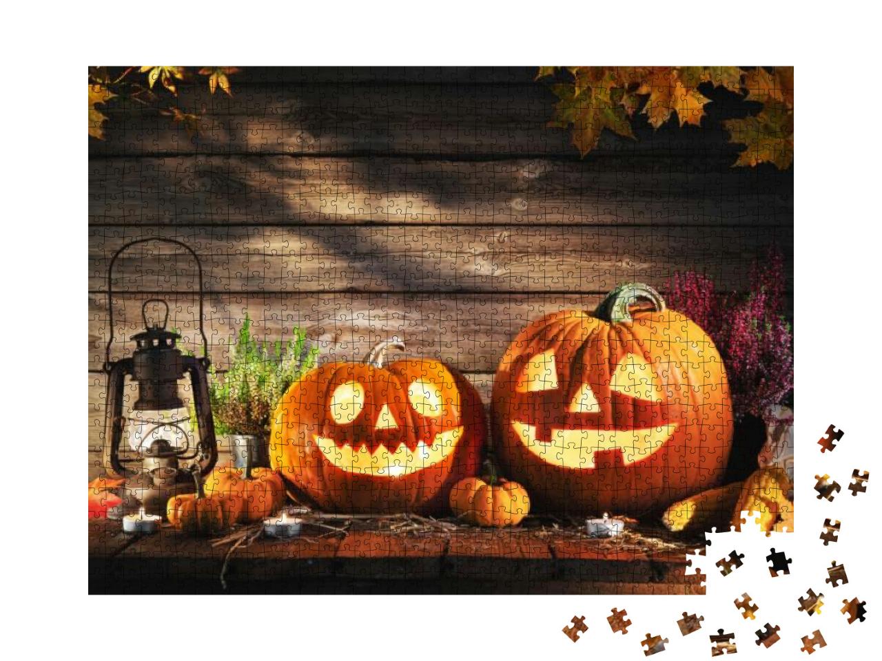 Halloween Pumpkin Head Jack-O-Lantern on Wooden Backgroun... Jigsaw Puzzle with 1000 pieces