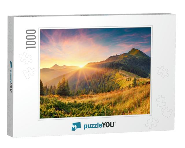 Amazing Summer Sunrise in Carpathian Mountains. Colorful... Jigsaw Puzzle with 1000 pieces