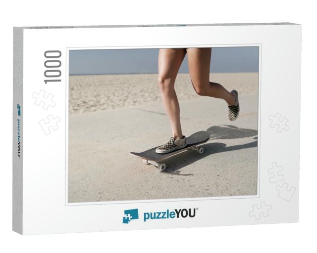 The Girl Rides a Skateboard. Legs & Skateboard Close Up... Jigsaw Puzzle with 1000 pieces