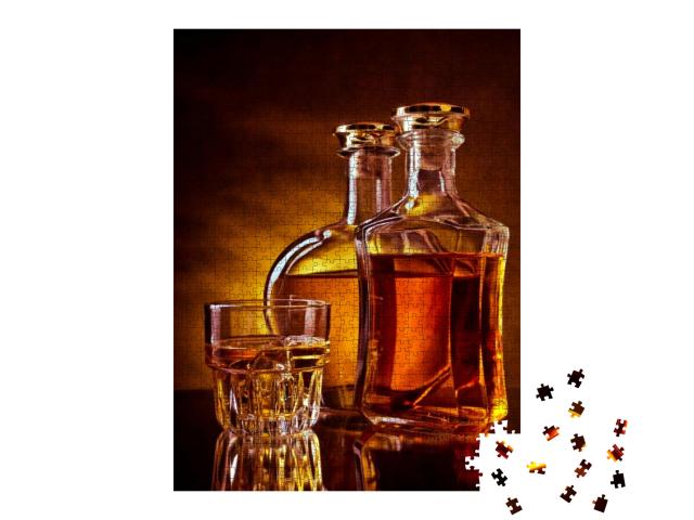 Glass & a Bottle of Whisky Against Red & Yellow Backgroun... Jigsaw Puzzle with 1000 pieces