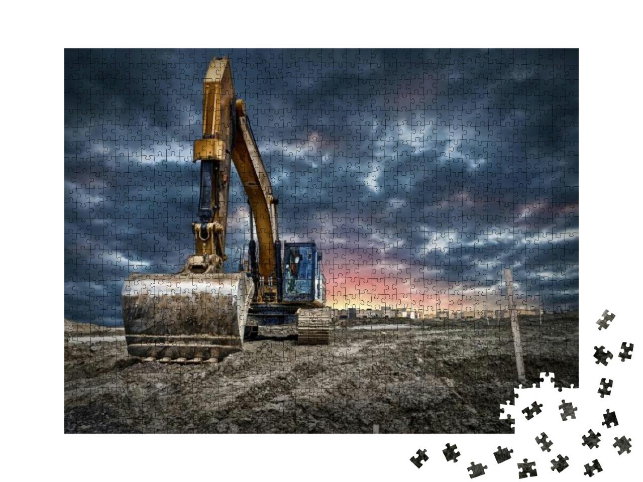 Excavator Machinery At Construction Site, Sunset in Backg... Jigsaw Puzzle with 1000 pieces