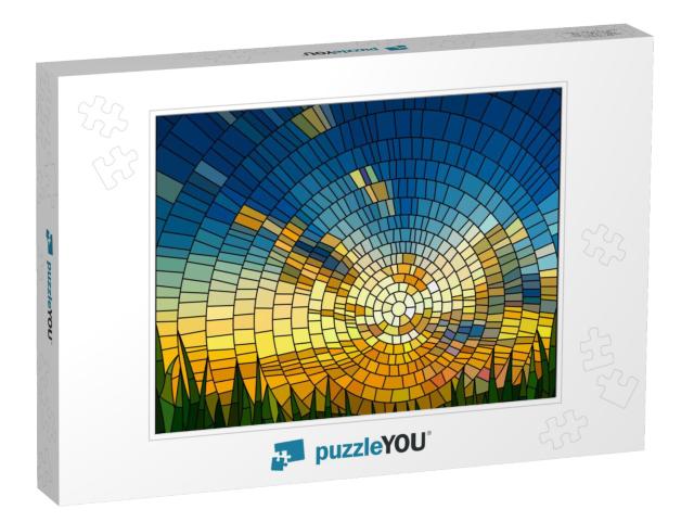 Vector Illustration of Sunset in Blue Sky in Grass Staine... Jigsaw Puzzle