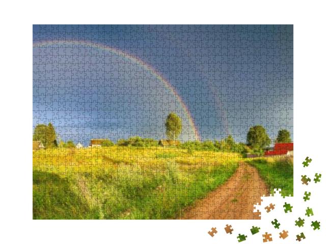 Rainbow Over Stormy Sky. Rural Landscape with Rainbow Ove... Jigsaw Puzzle with 1000 pieces