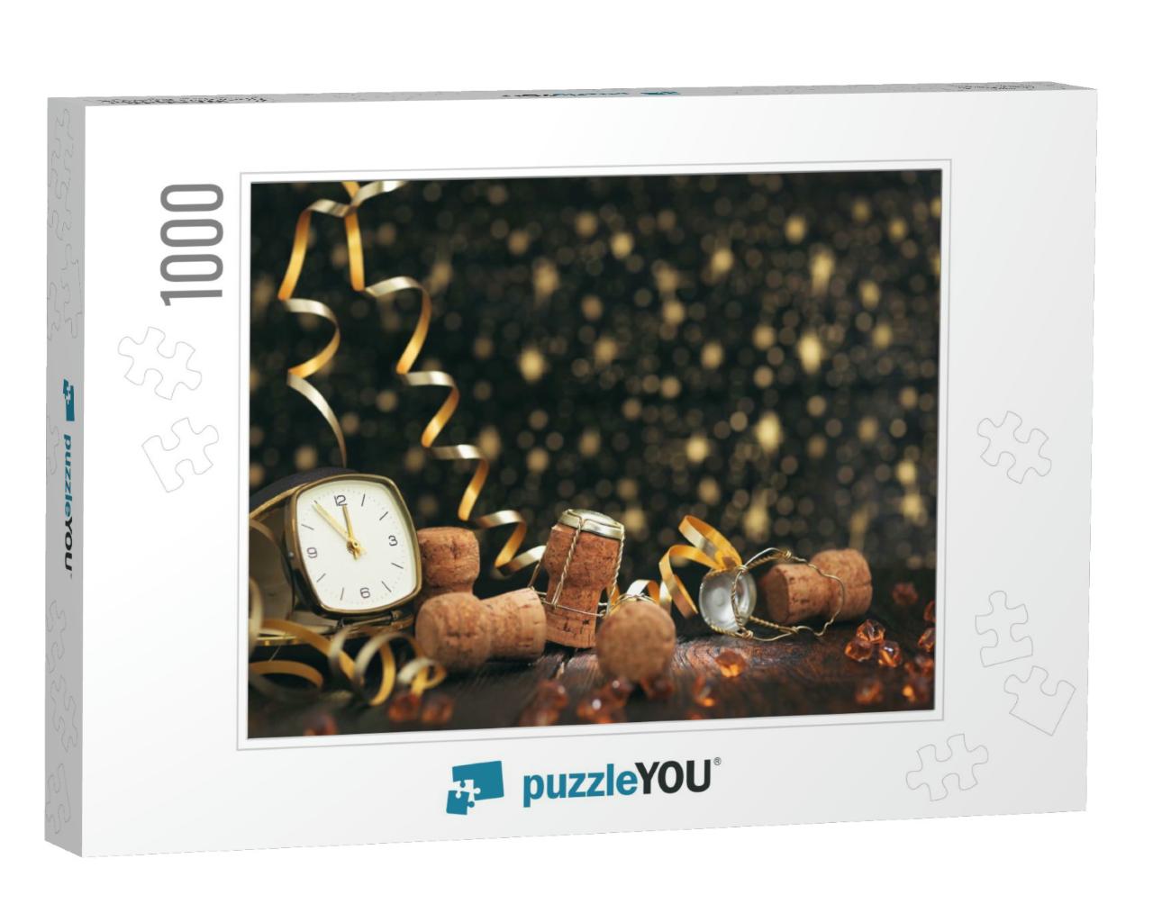 New Year Clock & Champagne Cap on Wooden Background... Jigsaw Puzzle with 1000 pieces