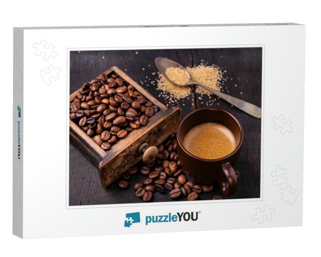 On the Raw & Dark Wooden Table, a Cup of Coffee with a Sp... Jigsaw Puzzle
