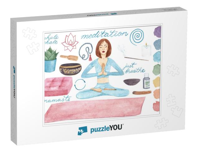 Meditation Space Set. Watercolor Hand Drawn Yoga E... Jigsaw Puzzle