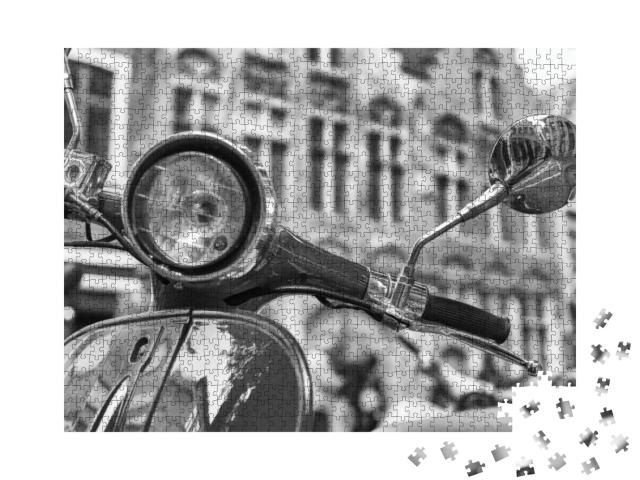 Old Fashioned Scooter in City Center, Black & White View... Jigsaw Puzzle with 1000 pieces